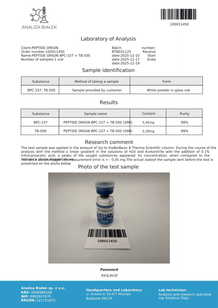 Certificate of analysis for BPC-157 + TB-500 blend, batch BTB031125, page 1