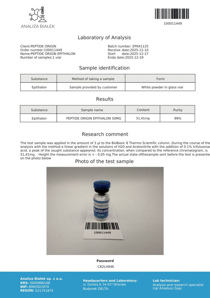 Certificate of analysis for Epithalon 50mg, batch EP041125, page 1