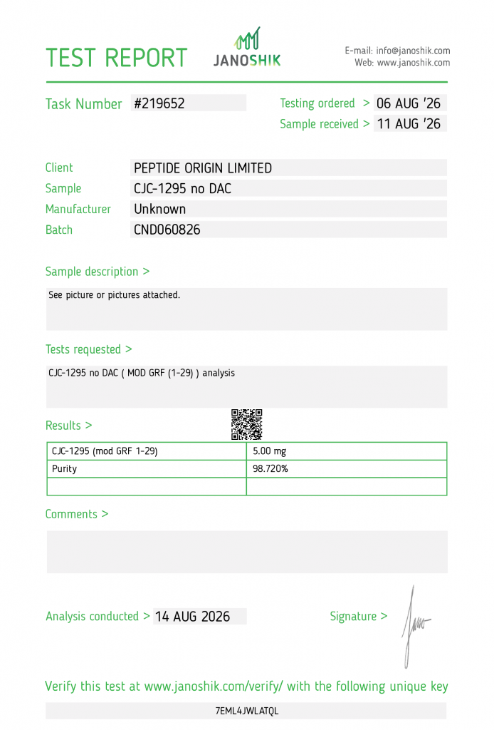 Janoshik certificate of analysis for CJC-1295 no DAC 5mg, batch CND060826