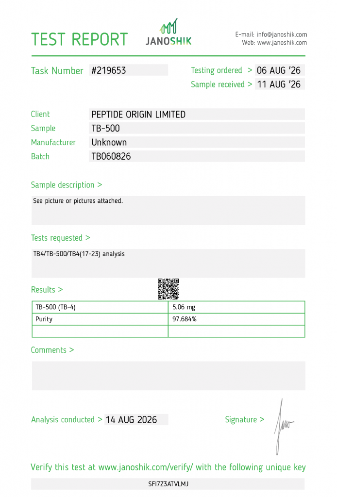Janoshik certificate of analysis for TB-500 Thymosin Beta 4 5mg, batch TB060826
