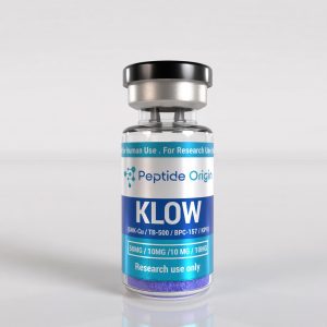 KLOW blend vial containing 50mg GHK-Cu, 10mg TB-500, 10mg BPC-157 and 10mg KPV lyophilised powder, Peptide Origin, research use only