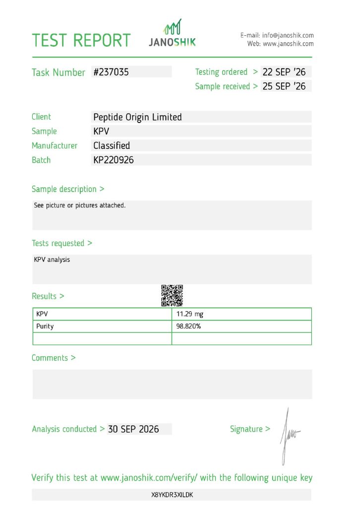 KPV 10MG Certificate of Analysis, batch KP220926